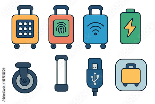 Colorful Smart Suitcases. Flat vector mini-illustrations Digital lock suitcases in colors children's