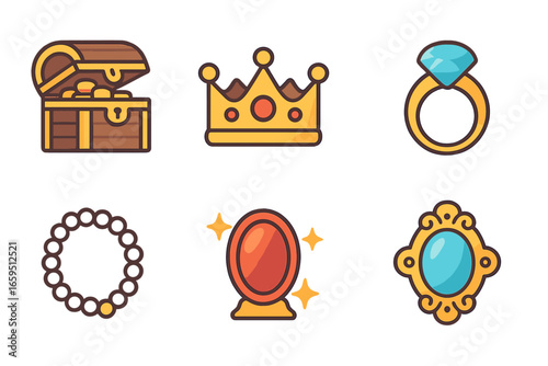 Children's Treasure Icons. Flat vector mini-illustrations precious treasures in colors children's illustrations: treasure chest,