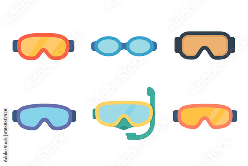 Children's Sports Goggles. Flat vector mini-illustrations sports goggles in colors children's illustrations: ski goggles, swimming