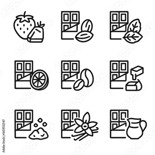 Chocolate Pairing Icons. Outline icon set of chocolate pairings: chocolate and strawberries, chocolate and nuts, chocolate and