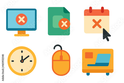 Colorful Software Icons Grid. Flat vector mini-illustrations shutting down office software in colors