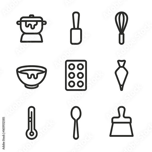 Chocolate Tool Icons. Outline icon set of milk chocolate kitchen tools: chocolate melting pot, spatula, whisk, mixing bowl,