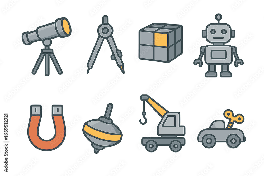 Fototapeta premium Colorful Alloy Inventions. Flat vector mini-illustrations alloy inventions in colors children's illustrations: alloy telescope,