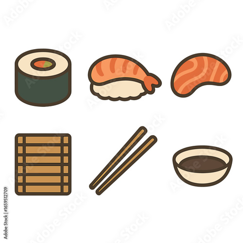 Colorful Sushi Icons. Flat vector mini-illustrations Sushi with shrimp or fish in colors children's