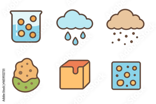 Colloid Types Grid. Flat vector mini-illustrations colloid types by dispersion medium in colors children's illustrations: solid in