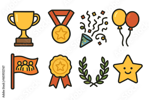 Colorful Team Celebration Icons. Flat vector mini-illustrations celebrating team success in colors children's