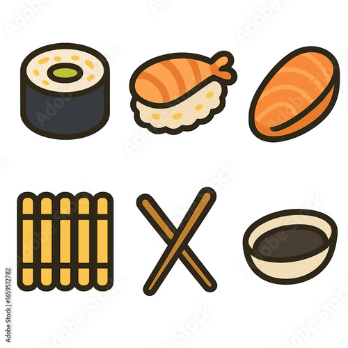Colorful Sushi Icons. Flat vector mini-illustrations Sushi with shrimp or fish in colors children's