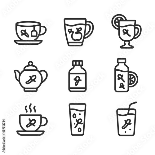 Clove Beverage Icons. Outline icon set of clove beverages: clove tea, spiced cider, mulled wine, clove syrup, herbal infusion,