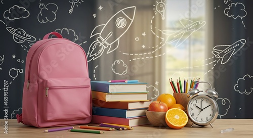 A colorful school scene featuring backpack, books, pencils, apple, and clock in a creative doodle background
