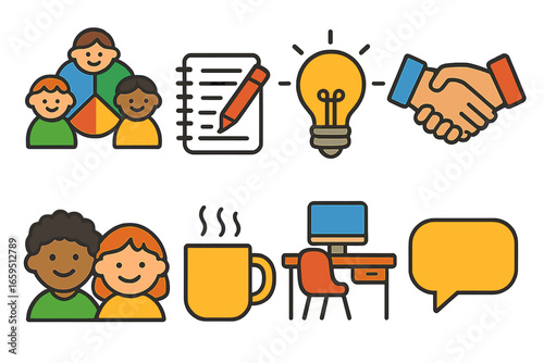 Colorful Teamwork Icons. Flat vector mini-illustrations Working together on projects in colors children's