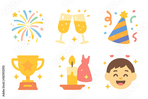 Colorful Celebration Icons. Flat vector mini-illustrations brilliance in celebrations in colors children's illustrations: