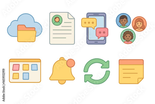 Colorful Teamwork Icons. Flat vector mini-illustrations remote teamwork in colors children's illustrations: