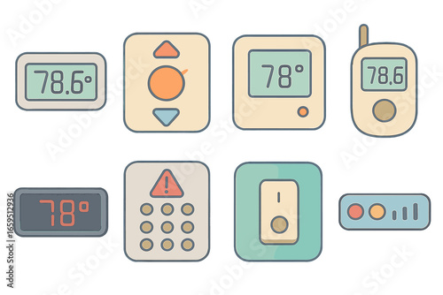 Colorful Temperature Icons. Flat vector mini-illustrations digital temperature displays in colors children's