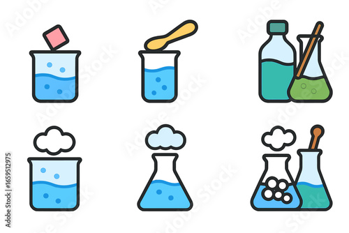 Colorful Chemistry Icons. Flat vector mini-illustrations bases in chemistry in colors children's illustrations: sodium hydroxide,