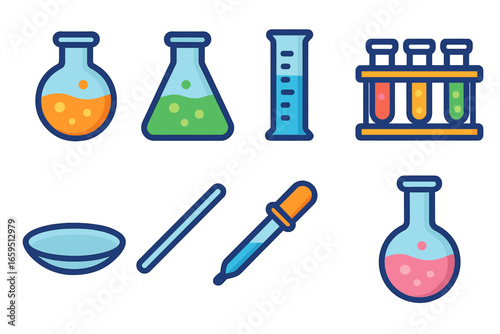 Colorful Chemistry Icons. Flat vector mini-illustrations chemistry glassware in colors children's illustrations: round-bottom