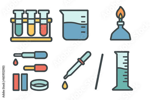 Colorful Chemistry Tools. Flat vector mini-illustrations chemistry lab tools in colors children's illustrations: test tubes,
