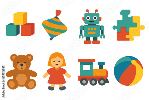 Colorful Toy Collection. Flat vector mini-illustrations toy collection in colors children's illustrations: