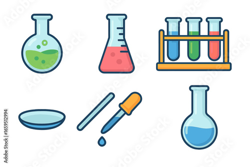 Colorful Chemistry Icons. Flat vector mini-illustrations chemistry glassware in colors children's illustrations: round-bottom