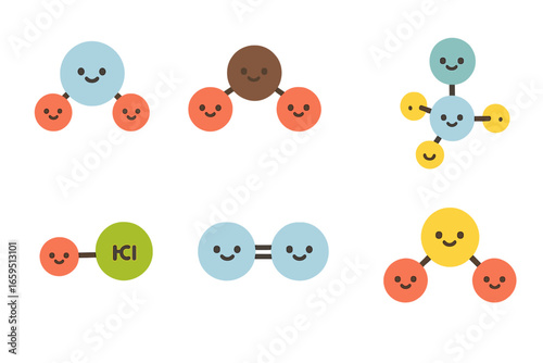 Colorful Covalent Compounds. Flat vector mini-illustrations covalent compounds in colors children's illustrations: water, carbon