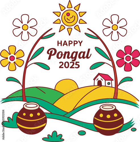 Vibrant illustration celebrating happy pongal 2025 with traditional pots sugarcane flowers and a sun motif Art & Illustration
