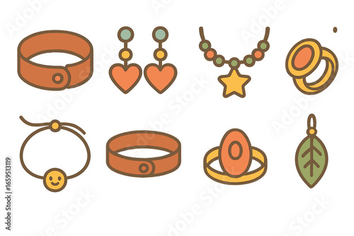 Colorful Vegan Jewelry Icons. Flat vector mini-illustrations handmade vegan leather jewelry in colors children