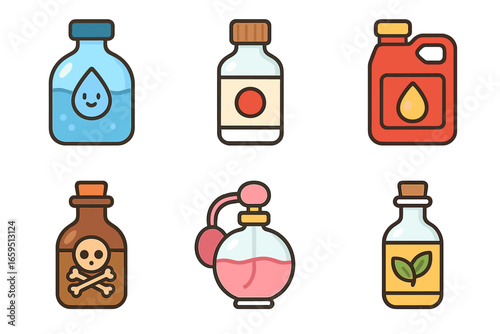 Colorful Distillation Icons. Flat vector mini-illustrations distillation products in colors children's illustrations: purified