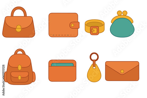 Colorful Vegan Accessories. Flat vector mini-illustrations artisan-made vegan leather accessories in colors