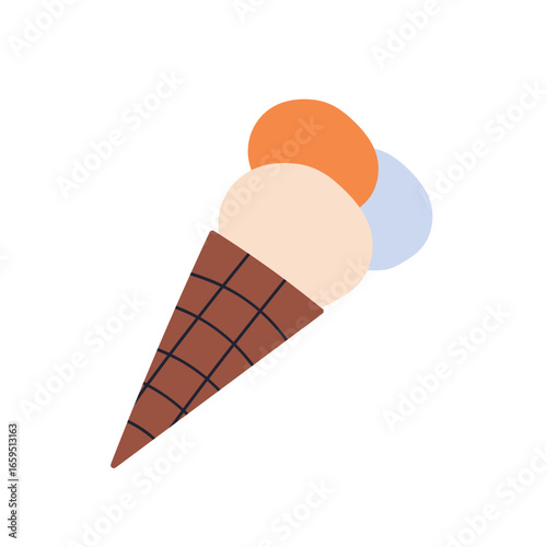 Ice-cream cone. Sweet summer dessert. Icecream balls, cold cool snack with th...