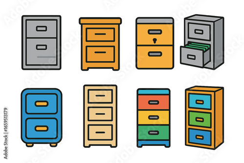 Colorful Filing Cabinets. Flat vector mini-illustrations filing cabinets in colors children's illustrations: metal file cabinet,