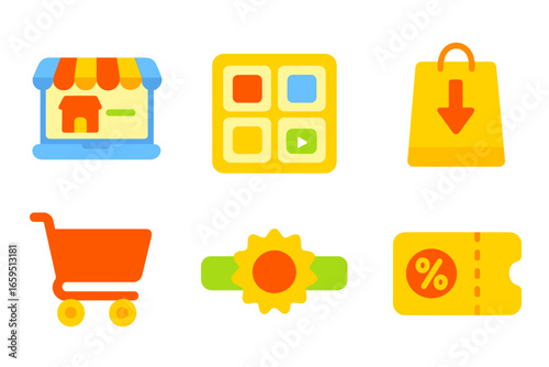 Colorful Virtual Storefronts. Flat vector mini-illustrations virtual storefronts in colors children's