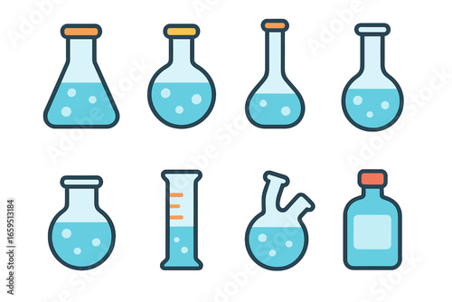 Colorful Flask Illustrations. Flat vector mini-illustrations flask types in colors children's illustrations: Erlenmeyer flask,