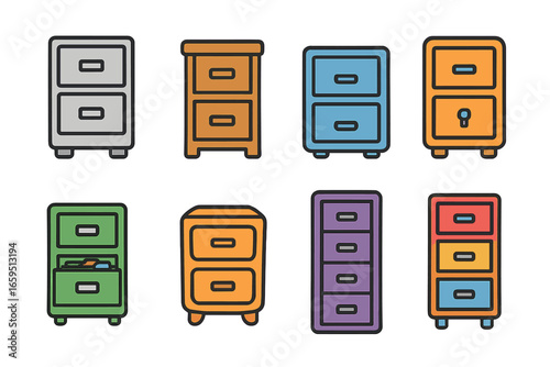 Colorful Filing Cabinets. Flat vector mini-illustrations filing cabinets in colors children's illustrations: metal file cabinet,