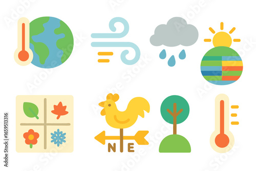 Colorful Weather Icons. Flat vector mini-illustrations Weather changes due to Earth’s motion in colors