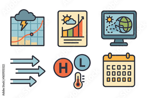 Colorful Weather Mini-Icons. Flat vector mini-illustrations predictive weather modeling in colors children's