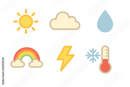 Colorful Weather Icons. Flat vector mini-illustrations weather forecast in colors children's illustrations: