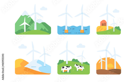 Colorful Wind Farms. Flat vector mini-illustrations Wind farms in different environments in colors children's