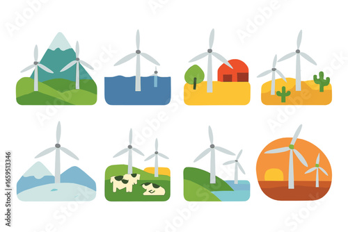 Colorful Wind Farms. Flat vector mini-illustrations Wind farms in different environments in colors children's