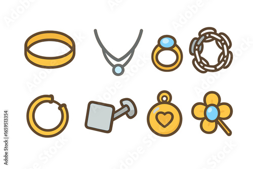 Colorful Jewelry Icons. Flat vector mini-illustrations metal jewelry in colors children's illustrations: metal bracelet, silver