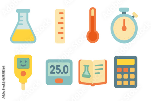Colorful Lab Icons. Flat vector mini-illustrations flask measurements in colors children's illustrations: measuring marks, volume