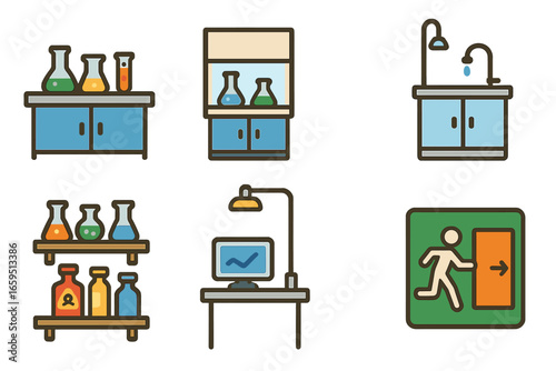 Colorful Lab Icons. Flat vector mini-illustrations lab settings in colors children's illustrations: lab bench, fume hood, storage