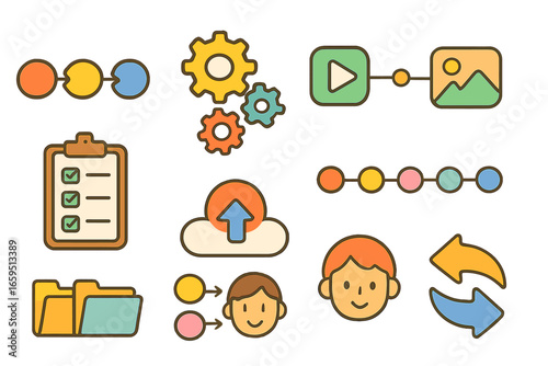 Colorful Workflow Icons. Flat vector mini-illustrations media asset workflows in colors children's