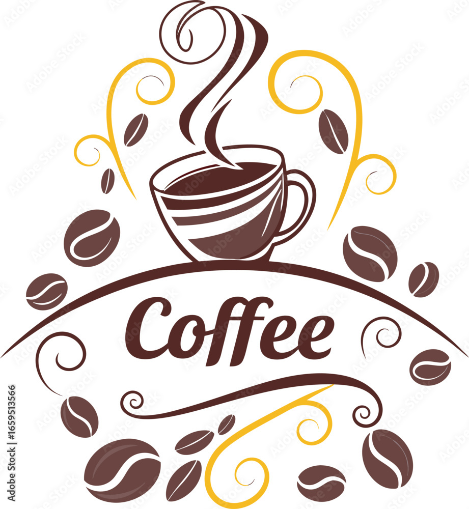 Obraz premium Steaming cup of coffee surrounded by coffee beans and decorative swirls emblematic of a coffee shop logo Art & Illustration