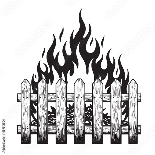 Vector illustration depicting a wooden fence with flames burning brightly in a dramatic manner