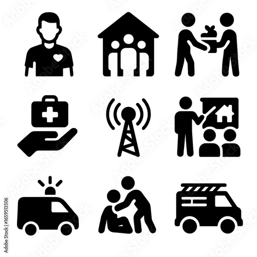 Community Emergency Icons. Solid, filled icons set of community emergency response: volunteer, emergency