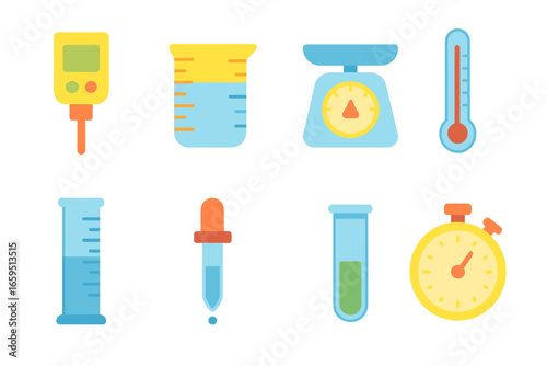 Colorful Measurement Tools. Flat vector mini-illustrations base measurement tools in colors children's illustrations: pH meter,
