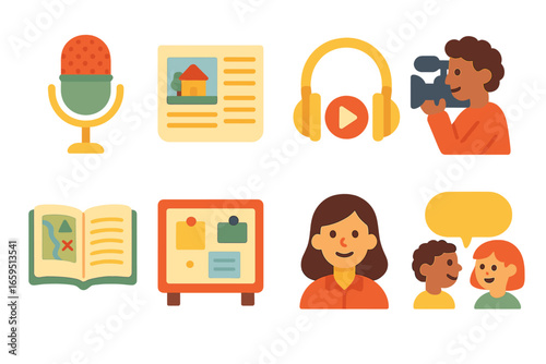 Community Media Icons. Flat vector mini-illustrations Community storytelling and media in colors children's
