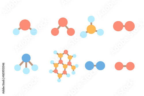 Colorful Molecule Icons. Flat vector mini-illustrations molecule types in colors children's illustrations: water molecule, carbon