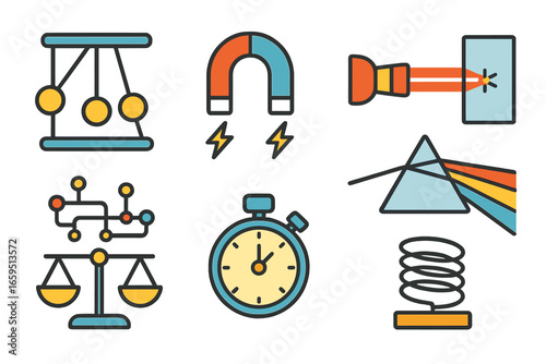 Colorful Physics Experiments Icons. Flat vector mini-illustrations physics experiments in colors children's illustrations: