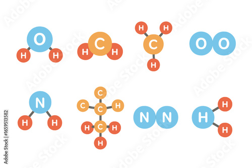 Colorful Molecule Icons. Flat vector mini-illustrations molecule types in colors children's illustrations: water molecule, carbon