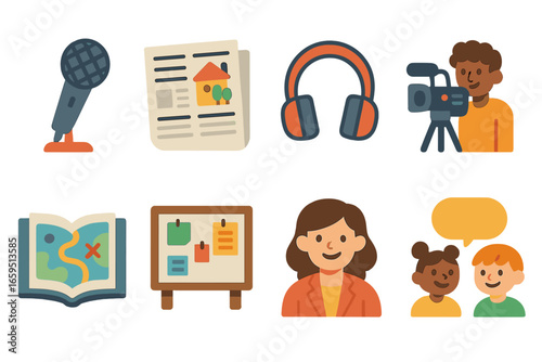 Community Media Icons. Flat vector mini-illustrations Community storytelling and media in colors children's